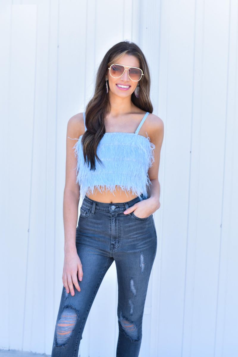 Tube Top Fringe Feather Top In Baby Blue