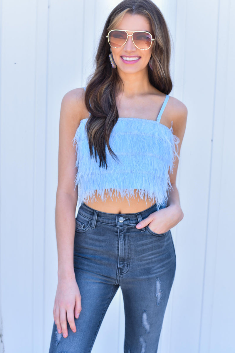 Tube Top Fringe Feather Top In Baby Blue