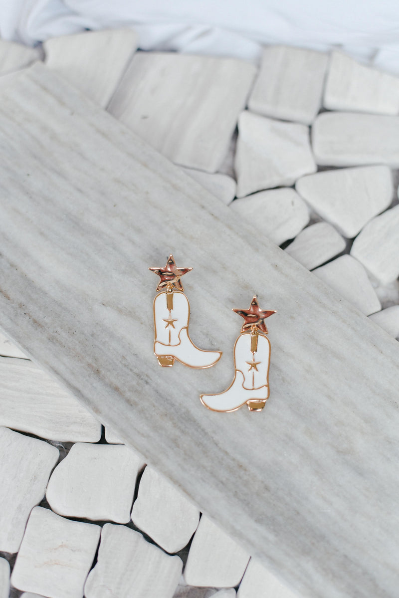 Expoxy Cowboy Boots Earrings in White