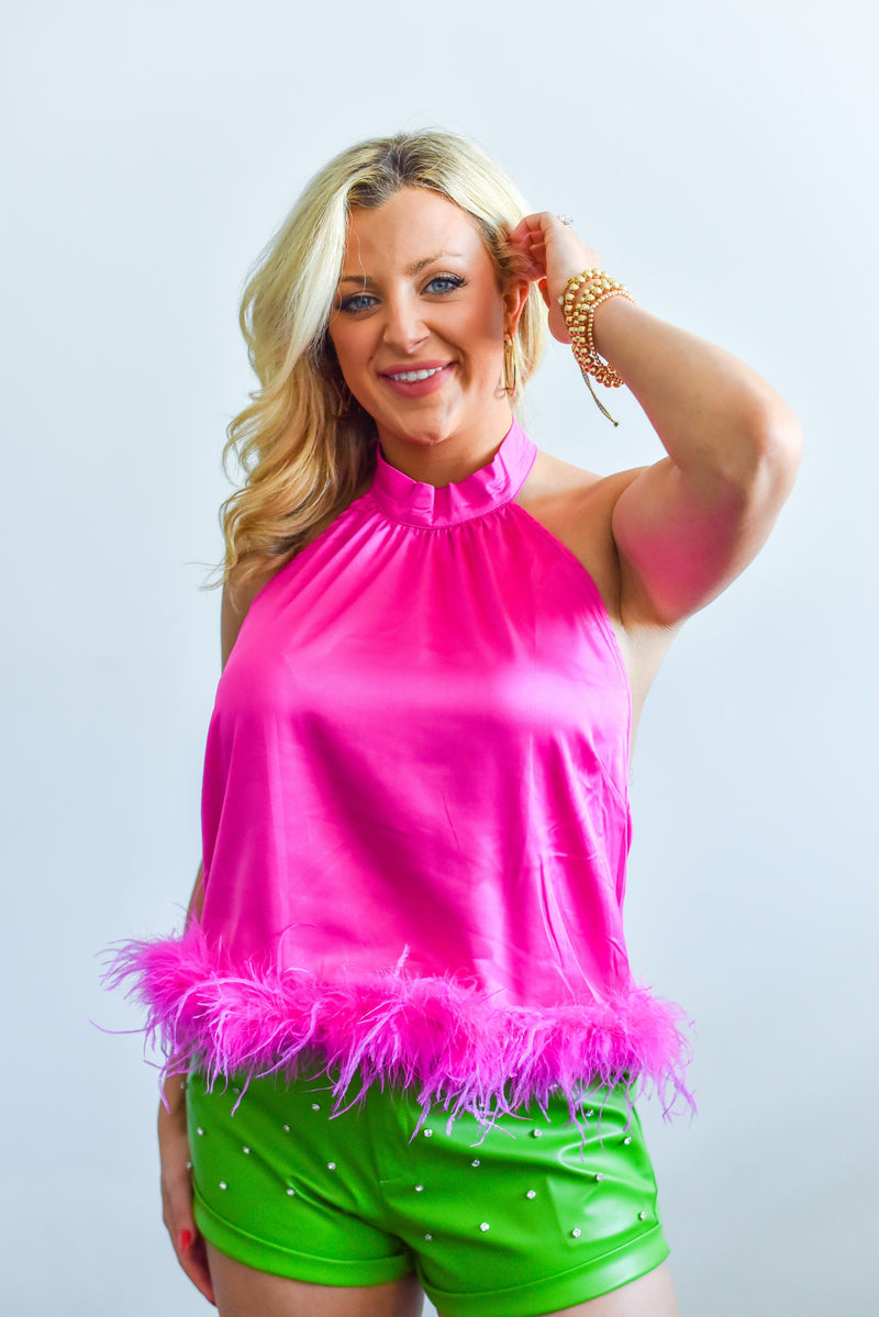 Hot Pink Satin Halter Top With Feather Trim