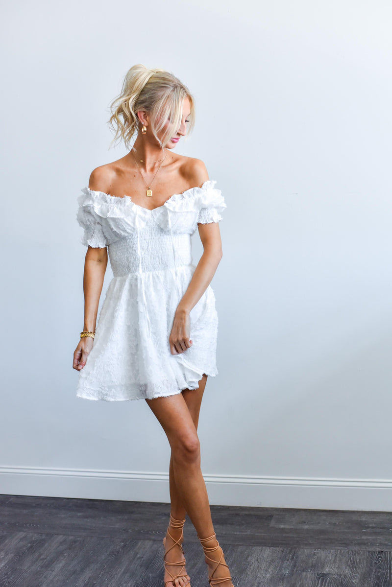 Feather Jacquard Off-Shoulder Fit-Flare Mini Dress In White