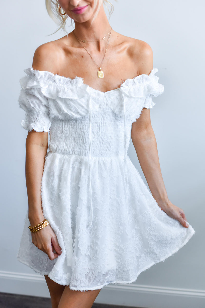 Feather Jacquard Off-Shoulder Fit-Flare Mini Dress In White