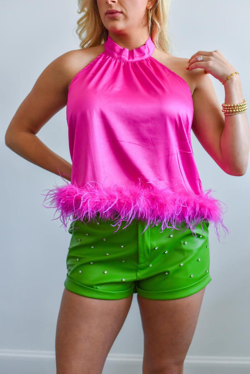 Hot Pink Satin Halter Top With Feather Trim