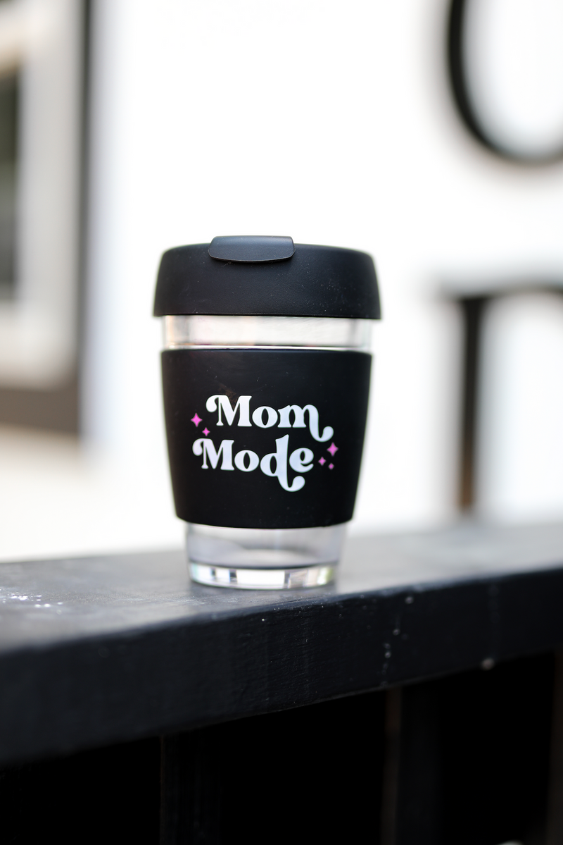 Glass Coffee Cup - Mom Mode (Black)